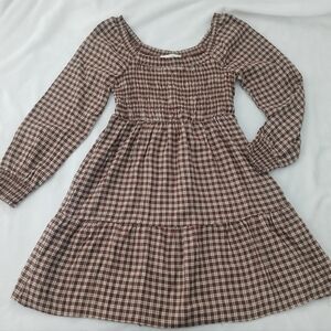 Lucky Brand Cottage Smocked Bodice Plaid Mini Dress, Long Sleeve Women's Size M